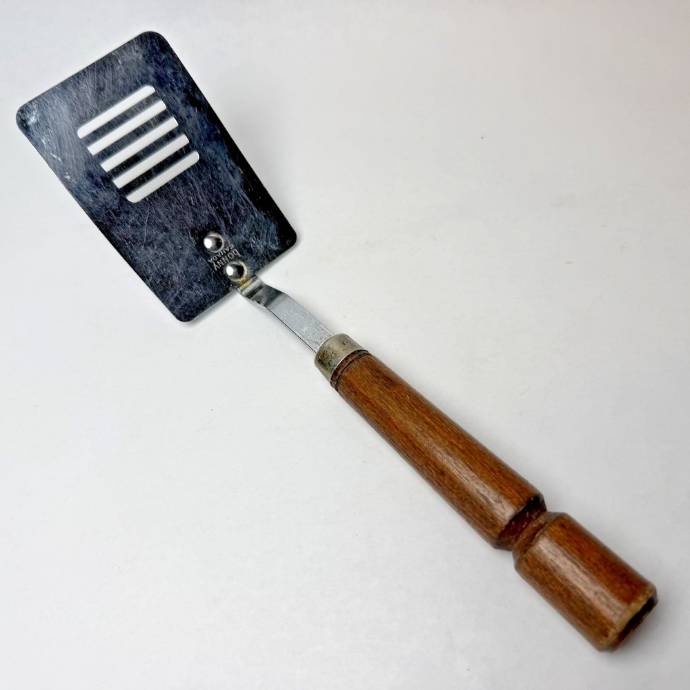 Vintage Bonny Canada Stainless Slotted Spatula Wood Handle 9.5" Flipper